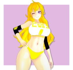 1girls 3d big_breasts blonde_female blonde_hair busty combatwombat confident female gym_clothes hi_res large_breasts long_hair long_hair_female looking_at_viewer navel pose posing purple_eyes rwby smile solo_female toned wink yang_xiao_long