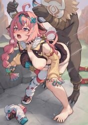 1boy animal_ears aqua_hair braid breasts cow_ears cow_girl cow_horns female genshin_impact highres hilichurl_(genshin_impact) horn_grab horns interracial large_breasts leg_warmers long_hair low_twin_braids multicolored_hair nipples one_breast_out open_mouth osanai_shiina outdoors pink_hair purple_eyes rape sex sex_from_behind single_bare_foot single_thighhigh standing standing_sex straight streaked_hair thighhighs twin_braids unworn_shoe varesa_(genshin_impact) white_horns white_leg_warmers