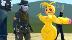 16:9 3d_(artwork) 4k absurd_res animatronic anthro areola avian background_character big_breasts bird blue_clothing blue_shirt blue_topwear bottomwear breasts bulb_head camera_head chicken civil_protection_(half-life_2) clothed clothing curvy_figure digital_media_(artwork) eyebrows female five_nights_at_freddy's five_nights_at_freddy's_2 for_a_head galliform gallus gallus_(genus) garry's_mod gas_mask genitals glowing glowing_eyes group hat head_tuft headgear headwear hi_res holding_object holding_weapon hourglass_figure human looking_down_at_breasts machine male male/female mammal mask navel navel_piercing nipples non-mammal_breasts object_head open_mouth pants phasianid piercing r1v3r_styx raised_eyebrow robot robot_anthro scottgames shirt smile thick_thighs top_hat topwear toy_chica_(fnaf) tuft weapon widescreen yellow_body