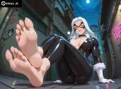 ai_generated barefoot black_bodysuit black_cat_(marvel) bodysuit domino_mask feet felicia_hardy female fit_female foot_fetish foot_focus kikia1 large_breasts latex_bodysuit latex_clothing latex_suit long_hair marvel marvel_comics mask narrow_waist outdoors pose posing presenting_feet skinny soles toes toned toned_female white_hair wide_hips