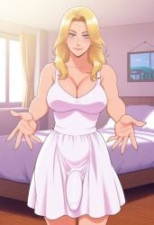 1futa 2d ai_generated anasheya_(style) bed bedroom blonde_futa blonde_hair blondshell breasts civitai cleavage closed_mouth clothed collarbone covered_navel dress futa_only futanari hug_invitation human human_only large_breasts light-skinned_futa light_skin long_hair looking_at_viewer outstretched_arms sleeveless sleeveless_dress smile smiling smiling_at_viewer solo white_dress