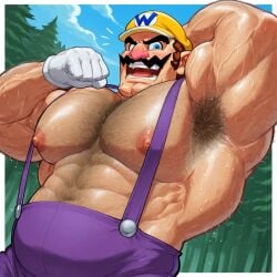 1boy abs ai_generated arm_behind_head arm_hair armpit armpit_hair bara biceps big_muscles blue_eyes blue_sky brown_hair chest_hair clothing facial_hair gloves hat huge_muscles human human_only large_muscles light-skinned_male light_skin looking_at_viewer male male_nipples male_only mammal manly mario_(series) mature mature_male moustache muscles muscular muscular_male nintendo nipples open_mouth outdoors overalls pecs purple_overalls solo solo_focus solo_male sweat sweating trees upper_body wario white_gloves yellow_hat