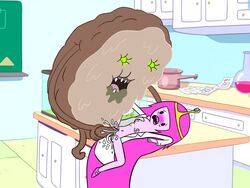 adventure_time black_bead_eyes blush breasts cinnamon_bun cum cum_inside drool glowing_eyes green_eyes lab labcoat mob_face nipples open_clothes open_coat pink_hair pink_skin princess_bubblegum rape sickkitty tiara vaginal_penetration zombie