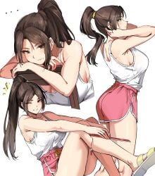 1girls absurdres alternate_costume ass bare_legs big_breasts breasts brown_eyes brown_hair casual chair commentary fatal_fury female female_focus female_only foot_out_of_frame high_ponytail highres human human_female human_only leaning_on_object legs light-skinned_female light_skin looking_at_viewer mai_shiranui multiple_views official_alternate_costume ormille pink_shorts pixiv_link ponytail sandals shirt_tucked_in short_shorts shorts simple_background snk solo solo_female tank_top white_background white_tank_top