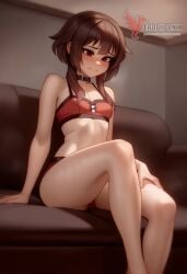 1girls 2d ai_generated ass back bare_shoulders barefoot big_ass bra brown_hair collar erophoenix female female_focus full_body kono_subarashii_sekai_ni_shukufuku_wo long_hair looking_at_viewer megumin pale_skin pale_skinned_female panties patreon_username red_eyes short_hair sitting small_breasts smile soles solo thick thick_thighs uncensored underwear