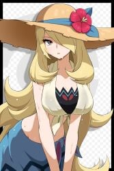 absurdres bikini bikini_under_clothes blonde_hair blue_sarong breasts brown_hat crop_top cynthia_(pokemon) cynthia_(summer_2025)_(pokemon) female flower flower_hat grey_eyes hair_over_one_eye hat hat_flower highres large_breasts long_hair navel nintendo official_alternate_costume pokemon pokemon_masters_ex sarong shabana_may shirt solo straw_hat sun_hat sweat sweatdrop swimsuit tied_shirt very_long_hair very_sweaty wet