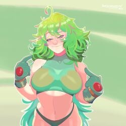 1girls boku_no_hero_academia breasts female female_focus female_only green_eyes green_hair hi_res large_breasts light-skinned_female light_skin looking_at_viewer mervynpumpkinh midriff my_hero_academia my_hero_academia_(finale) post-timeskip smile solo thighs time_skip tooru_hagakure tooru_hagakure_(post-timeskip) tooru_hagakure_(visible) wide_hips