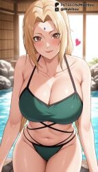 ai_generated bare_shoulders bikini blonde_hair blush boruto:naruto_next_generations breasts brown_eyes cleavage closed_mouth collarbone cowboy_shot facial_mark female forehead_mark green_bikini groin heart large_breasts lips long_hair looking_at_viewer low_twintails mature_female mykibuu naruto naruto(series) naruto_(series) navel onsen patreon_username rock smile solo stomach swimsuit thighs tsunade tsunade_(naruto) twintails water