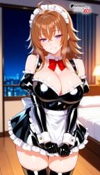 ahoge ai_generated bedroom big_breasts black_thighhighs boosterred99 bow bowtie breasts brown_hair cleavage clothing earrings female female_only frilled_skirt hair_between_eyes high_school_dxd huge_breasts illustrious_(stable_diffusion) indoors large_breasts latex latex_gloves long_sleeves maid maid_apron maid_headdress maid_outfit maid_uniform medium_hair naughty_face navel night pony_diffusion_xl puffy_sleeves purple_eyes red_bow seductive_look seductive_smile shiny_clothes thick_thighs thighs tubetop venelana_gremory waist_apron wing_collar wrist_cuffs
