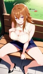 ahoge ai_generated bare_shoulders beige_open-chest_sweater beige_ribbed_sweater beige_sweater boosterred99 brown_hair cleavage cleavage_cutout clothing_cutout covered_nipples dark_blue_skirt from_above full_body hair_between_eyes heels high_heels high_school_dxd illustrious_(stable_diffusion) large_breasts legs medium_hair meme_attire naughty_face outdoors pencil_skirt pony_diffusion_xl purple_eyes reach sitting sleeveless spread_legs street thighs turtleneck venelana_gremory