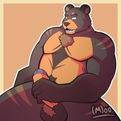 1:1 absurd_res balls bear brown_body digital_drawing_(artwork) digital_media_(artwork) erection fan_character genitals hair hi_res humanoid humanoid_genitalia humanoid_penis male mammal masturbation muscular muscular_male nude nude_male penis simple_background solo torito_moo