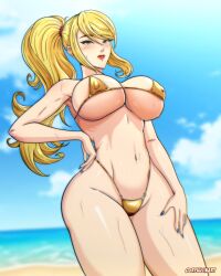 big_ass big_breasts big_butt big_nipples big_thighs big_titties bikini breasts clothing curvaceous curvaceous_female curvaceous_figure curvy curvy_figure curvy_hips female female_focus female_only golden_bikini long_hair looking_at_viewer metroid milf nintendo nipples nipples_visible_through_clothing ryuujinart samus_aran yellow_hair