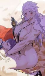 beach_background big_breasts curvy_female dorohedoro female_only light-skinned_female long_hair_female muscular_female noi_(dorohedoro) ongjolpark red_eyes swimsuit white_hair_female