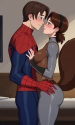 1girl1boy big_ass big_breasts big_muscles big_thighs bra doreen_green heroine kissing light-skinned_female light-skinned_male light_skin marvel marvel_comics nerd panties peter_parker romantic_couple spider-man_(series) squirrel_girl_(marvel) ultimate_spider-man_(2024) ultimate_spider-man_(comic) younger_female younger_male