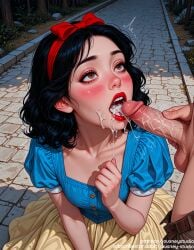 1boy ^^^ after_fellatio ai_generated bangs belt black_hair blue_dress blush bodily_fluids bow breasts brown_eyes clothes_pull clothing collarbone cum cum_in_mouth cum_on_tongue day disney dress erection facial fellatio female female grass hair_ornament hairband hairbow headwear jousneystudio large_penis lips loli looking_up male medium_hair night nose open_mouth oral original outdoors penis puffy_short_sleeves puffy_sleeves red_bow red_hairband ribbon saliva semen shirt short_sleeves small_breasts snow_white_(disney) snow_white_and_the_seven_dwarfs solo_focus straight teeth testicles tongue tongue_out tree upper_teeth_only veins veiny_penis yellow_skirt