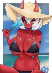 :q akumi beach bikini black_bikini bracelet breasts cleavage female food hat horns huge_breasts jewelry looking_at_viewer navel o-ring popsicle red_skin short_hair solo straw_hat sun_hat swimsuit tongue tongue_out two-tone_hair vyugen white_hair