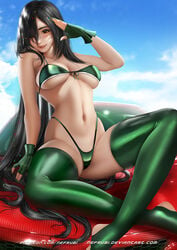 1girls aged_up belly_button black_hair bra breasts brown_eyes car cleavage disney female female_only fingerless_gloves gloves green_bikini green_nails hair_over_one_eye hair_over_shoulder hi_res large_breasts licking_lips long_hair looking_at_viewer nail_polish navel nefrubi on_car panties ralph_breaks_the_internet solo spread_legs spreading string_bikini thick_thighs thighhighs thighs thin_waist thong toeless_legwear tongue_out vanellope_von_schweetz very_long_hair wreck-it_ralph