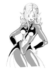 1girls belly belly_button big_breasts black_and_white demon demon_girl dragon_ball dragon_ball_heroes dragon_ball_online dragon_ball_xenoverse exposed_belly female fenyon hands_on_hips looking_at_viewer skin_tight smile smiling smiling_at_viewer tongue tongue_out towa underboob white_background white_hair