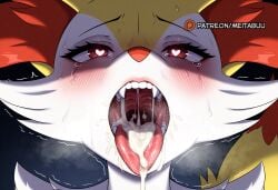after_fellatio ahe_gao ai_generated blush braixen breath close-up cum cum_in_mouth cum_on_tongue cumdrip facial female furry half-closed_eyes heart heart-shaped_pupils heavy_breathing holding lips meitabuu nose_blush open_mouth pokemon pokemon_(creature) portrait saliva solo sweat tail tearing_up tears teeth tongue tongue_out trembling upper_teeth_only uvula