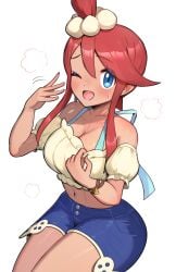 bikini bikini_under_clothes bikini_under_shorts blue_bikini blue_eyes blue_shorts blush breasts cleavage collarbone crop_top denim denim_shorts female gonzarez hair_between_eyes hair_ornament highres large_breasts midriff navel nintendo off-shoulder_shirt off_shoulder official_alternate_costume one_eye_closed one_side_up open_mouth pokemon pokemon_masters_ex red_hair shirt shorts sidelocks simple_background skyla_(pokemon) skyla_(summer_2025)_(pokemon) smile solo sweat sweatdrop swimsuit white_background