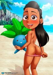 1boy 1girls absurd_res ass ava_(pokemon) bbmbbf beach blush breasts diamond_level female hi_res highres human looking_at_viewer male male/female nintendo nipples nude oddish open_mouth palcomix pietros_secret_club pokemon pokemon:_path_to_the_peak pokemon_(species) pokepornlive teeth tongue underwear
