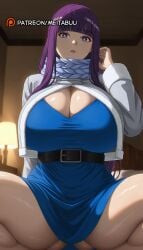 ai_generated alternate_breast_size ass_visible_through_thighs belt black_belt blue_dress blunt_bangs breasts cleavage dress female fern_(sousou_no_frieren) frieren_beyond_journey's_end hand_up huge_breasts indoors lamp large_breasts long_hair long_sleeves looking_at_viewer meitabuu parted_lips purple_eyes purple_hair purple_pupilsfern_(sousou_no_frieren) scarf sidelocks solo sousou_no_frieren spread_legs squatting thick_thighs thighs white_jacket white_scarf