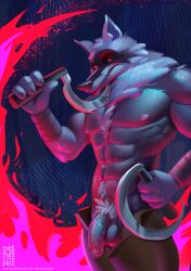 abs anthro arm_wrapping arm_wraps balls biceps body_hair bottomwear canid canine canis casual_exposure cheek_tuft cherryshnapps chest_tuft claws clothed clothing death_(puss_in_boots) dreamworks dual_wielding facial_markings facial_tuft fire fire_background flaccid fluffy foreskin frown fur fuzzy genitals grey_body grey_fur half-closed_eyes happy_trail head_markings head_tuft hi_res holding_object holding_weapon humanoid_genitalia humanoid_penis light lighting looking_at_viewer male male_only mammal markings mask_(marking) narrowed_eyes neck_tuft nipples open_bottomwear open_clothing open_pants pants partially_clothed penis pubes puss_in_boots_(franchise) red_eyes sickle solo sparkles sparkling_body sparkling_fur standing tailless topless tuft uncircumcised weapon wolf wrapped_arms wraps