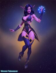 blue_eyes evulart gold_jewelry magic monere_fateweaver night_elf night_elf_female purple_skin skimpy_clothes