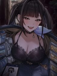 belt black_bra black_choker black_hair blue_skirt blush bra breasts cellphone choker coin collarbone cowboy_shot fangs female goddess_of_victory:_nikke gold_coin half-closed_eyes highres huazhimaru0 jacket lace lace-trimmed_bra lace_trim large_breasts long_hair looking_at_viewer medicine_bottle mole mole_under_eye open_clothes open_jacket open_mouth outdoors phone red_eyes skirt smartphone sora_(nikke) twintails underwear wireless_earphones