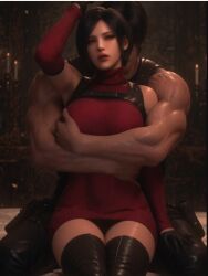 1boy 1boy1girl 1girls 3d ada_wong ai_generated capcom costume dark-skinned_male gloves grabbing_breasts hand_up hug_from_behind leon_kennedy light-skinned_female lipstick looking_at_viewer resident_evil resident_evil_4 resident_evil_4_remake short_hair size_difference stockings