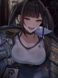 belt black_bra black_choker black_hair blue_skirt blush bra bra_visible_through_clothes breasts cellphone choker coin collarbone cowboy_shot fangs female goddess_of_victory:_nikke gold_coin half-closed_eyes highres huazhimaru0 jacket lace lace-trimmed_bra lace_trim large_breasts long_hair looking_at_viewer medicine_bottle mole mole_under_eye open_clothes open_jacket open_mouth outdoors phone red_eyes shirt skirt smartphone sora_(nikke) twintails underwear white_shirt wireless_earphones