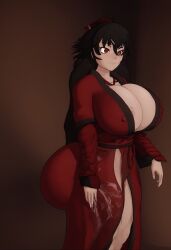 ai_generated big_ass big_breasts black_hair bubble_butt cleavage hyper hyper_ass hyper_breasts milf nipples_visible_through_clothing raven_branwen red_eyes robe rwby shiin_(ai_generated) solo