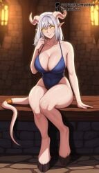ai_generated bare_arms bare_shoulders blizzard_entertainment blue_one-piece_swimsuit blurry blurry_background breasts casual_one-piece_swimsuit cleavage closed_mouth collarbone colored_sclera covered_navel demon_girl draenei female full_body glowing glowing_eyes grey_hair hand_up highleg_swimsuit hooves horns indoors large_breasts long_hair looking_at_viewer monster_girl mykibuu no_pupils one-piece_swimsuit pointy_ears sitting smile solo swimsuit tail tail_ornament tail_ring warcraft white_hair world_of_warcraft yellow_eyes yellow_sclera