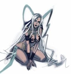 00s armband breasts cleavage female female_focus final_fantasy final_fantasy_x kareji long_hair sitting solo very_long_hair white_background white_hair wristband yunalesca