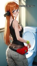 ahoge ai_generated ass ass_crack back backlighting bare_shoulders behind-the-head_headphones belt black-framed_eyewear black_tank_top blunt_bangs blush breasts butt_crack cargo_pants cowboy_shot day female from_behind glasses grey_pants grin headphones indoors long_hair looking_at_viewer looking_back medium_breasts meitabuu orange_hair pants parted_lips persona persona_5 pocket pouch purple_eyes sakura_futaba shirt sideboob smile solo standing sunlight tank_top toilet window wristband