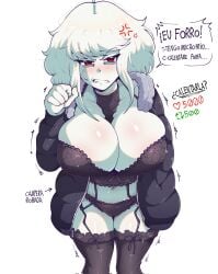 1female albina_(tidal) albino angry_expression big_breasts curvy_figure female latina light-skinned_female lingerie oc red_eyes short_hair_female spanish_text text_bubble tidal_(artist) white_hair_female