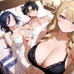 1boy 2girls ahoge ai_generated bare_shoulders bed black_bra black_hair blanket blonde_hair blue_eyes blue_hair blush bra breasts cleavage clorinde_(genshin_impact) closed_eyes closed_mouth collarbone drill_hair drill_sidelocks earrings female genshin_impact grey_hair hair_between_eyes indoors jewelry lamp large_breasts long_hair looking_at_viewer lying male meme multicolored_hair multiple_girls navel navia_(genshin_impact) on_back on_bed pillow scar scar_on_face selfie short_hair sidelocks sleeping smile stomach straight streaked_hair under_covers underwear v white_bra wriothesley_(genshin_impact)