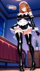 ahoge ai_generated bedroom big_breasts black_thighhighs boosterred99 bow bowtie breasts brown_hair cleavage clothing earrings female female_only frilled_skirt from_below full_body fully_clothed hair_between_eyes high_heel_boots high_heels high_school_dxd huge_breasts illustrious_(stable_diffusion) indoors large_breasts latex latex_gloves long_sleeves maid maid_apron maid_headdress maid_outfit maid_uniform medium_hair naughty_face navel night pony_diffusion_xl puffy_sleeves purple_eyes red_bow seductive_look seductive_smile shiny_clothes thick_thighs thighs tubetop venelana_gremory waist_apron wing_collar wrist_cuffs