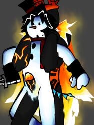 1x1x1x1 1x1x1x1_(forsaken) buttons carrot_nose dagger detect_(artist) dick_inside fingerless_gloves fire forsaken_(roblox) holding_another's_arm melting red_body red_cape red_crown red_scarf roblox snowman top_hat two_time two_time_(forsaken) yellow_cape