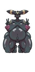 anthro belly big_belly big_breasts black_body black_fur blush breasts clitoral_hood digital_media_(artwork) eeveelution female fur generation_2_pokemon genitals gesture hair hand_gesture hi_res huge_breasts kneeling lollipopcon looking_at_viewer mammal muscular muscular_anthro muscular_legs navel nintendo nipples nude pokemon pokemon_(species) pregnant pregnant_anthro pregnant_female simple_background smile solo thick_thighs tongue tongue_out umbreon v_sign white_background