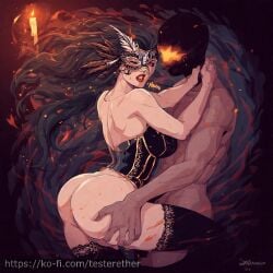 1boy 1girls ai_generated arms_around_neck artist_name ass ass_grab bare_shoulders black_hair black_lips black_thighhighs bottomless breasts burning candle candlelight clothed_female_nude_male corset dark_skin dated deep_skin eye_mask feather_hair_ornament feathers female fire glowing hair_ornament hand_on_another's_neck large_breasts lips lipstick long_hair looking_at_viewer makeup male male/female mask muscular muscular_female nude parted_lips red_eyes red_lips sex signature solo_focus straight teeth thick_thighs thighhighs thighs watermark