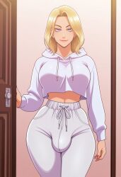 1futa 2d ai_generated anasheya_(style) blonde_futa blonde_hair blondshell breasts civitai clothed clothed_futa crop_top_overhang cropped_hoodie door doorway futa_only futanari high-waist_pants hoodie human human_only large_breasts light-skinned_futa light_skin lips long_sleeves navel smile smiling smiling_at_viewer solo sweatpants white_crop_top white_hoodie white_sweatpants