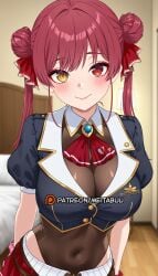 ai_generated ascot bed bedroom belt black_jacket blurry blurry_background blush bodystocking breasts brooch brown_belt brown_leotard cleavage closed_mouth cosplay covered_navel cropped_jacket double_bun female gold_trim hair_bun hair_ribbon heterochromia hololive hololive_fantasy hololive_japan houshou_marine houshou_marine_(1st_costume) indoors jacket jewelry large_breasts leather_belt leotard leotard_under_clothes long_hair looking_at_viewer makeup meitabuu miniskirt no_eyepatch pleated_skirt puffy_short_sleeves puffy_sleeves red_ascot red_eyes red_hair red_ribbon red_skirt ribbon scrunchie see-through see-through_cleavage see-through_leotard short_sleeves skirt sleeveless_jacket smile solo twintails virtual_youtuber wrist_scrunchie yellow_eyes