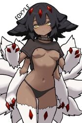 1girls anthro black_hair black_panties breasts collar dark-skinned_female dark_skin faputa female foxyle furry goth goth_girl looking_away made_in_abyss medium_breasts panties simple_background solo standing t-shirt t-shirt_lift white_fur
