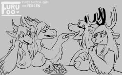 antlers breasts cervine deer eating endiu female ferren food fries heart_nipples horn mammal monochrome multi_head nipples nonbinary_(lore) winged_arms wings