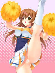 brown_eyes brown_hair cheerleader chuunibyou_demo_koi_ga_shitai! erect_nipples gessekai hair_ornament hairclip high_kick kicking nibutani_shinka no_panties pom_poms pussy side_ponytail skirt skirt_lift socks solo