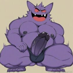ai_generated ass_cheeks chubby dad_bod dick_out_of_underwear evil_grin evil_smile gengar huge_cock looking_at_viewer muscular pokemon pokemon_(species) pokephilia squatting thong veiny_penis