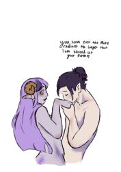 1boy 1girls big_breasts breasts brown_eyes dnd dnd_character female femsub half_elf horn horns male purple_hair tiefling tiefling_girl