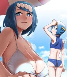 2girls arm_up ass beach_umbrella bikini blue_bikini blue_eyes blue_hair breasts bright_pupils cloud day eyelashes hair_ornament hairband highres lana's_mother_(pokemon) lana_(pokemon) long_hair mother_and_daughter multiple_girls nintendo nutkingcall open_mouth outdoors pokemon pokemon_(anime) pokemon_sm_(anime) short_hair shoulder_blades sky sweat swimsuit tech_control umbrella white_pupils wholesome yellow_hairband