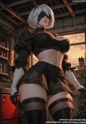 2b_(nier:automata) ai_generated bangs black_blindfold black_gloves black_hairband black_legwear black_thighhighs blindfold boots breasts cleavage cleavage_cutout clothing clothing_cutout covered_eyes crop_top english_text eyewear feather-trimmed_sleeves feather_trim female female female_only gloves gun hairband headwear holding holding_object holding_weapon indoors jousneystudio juliet_sleeves large_breasts legwear lips long_sleeves midriff mole mole_under_mouth navel nier nier:_automata nier_(series) parted_lips puffy_sleeves short_hair skindentation skirt solo standing thick_thighs thigh_boots thighhighs thighhighs_under_boots thighs weapon white_hair wide_hips window yorha_2b yorha_no.2_type_b